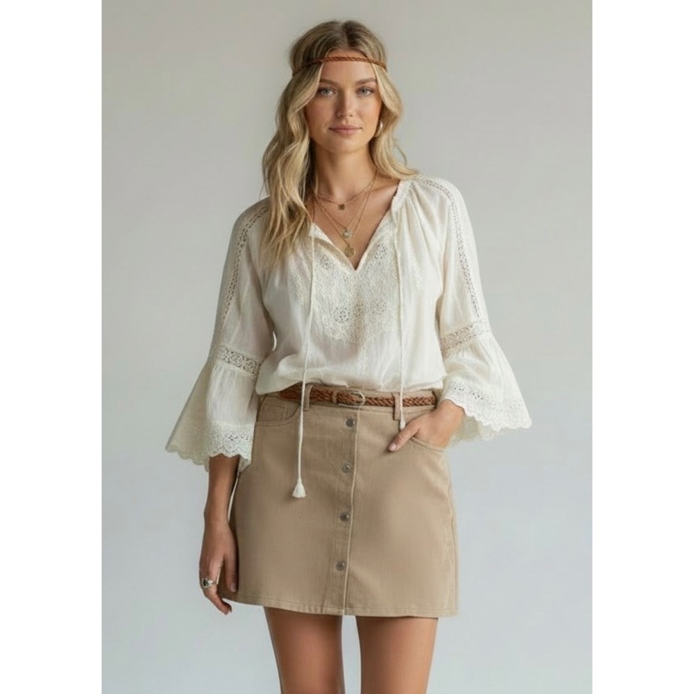 NEW Tan Faux Suede Snap Front A-Line Mini Skirt Size Large Skirts Tan Boho